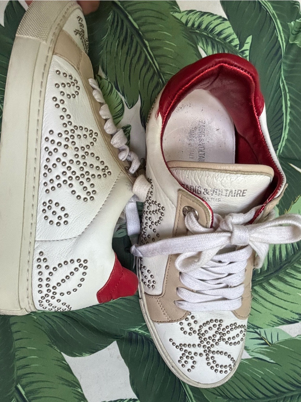 Zadig & Voltaire White, Red and Beige Studded Leather Sneakers - Women